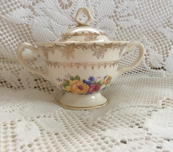 Crooksville China Sugar Bowl Covered Sugar Ivory And Gold