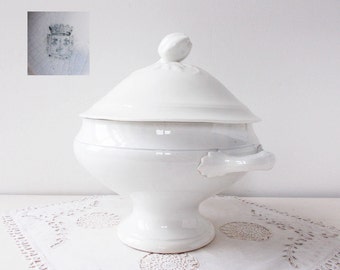 Antique French Lidded Tureen white Ironstone with Leaf Decoration and Quince Fruit on Lid