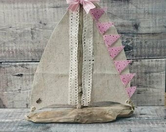 DRIFTWOOD SAILBOAT, Driftwood Boat, Driftwood, Yacht, Wooden Boat, Driftwood Art, Reclaimed Wood, Recycled Wood Art, Pink Decor, Wooden Gift
