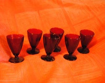 Six Ruby Red Depression Glass Cordial Glasses