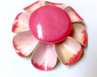 Vintage Signed Original by Robert Retro Shades of Pink Enamel Fluted Petals Flower Pin Brooch