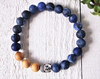 Sodalite bracelet mala / men women / Buddha bracelet / stretch bead bracelet / yoga bracelet for calm, meditation, stress relief /sandalwood