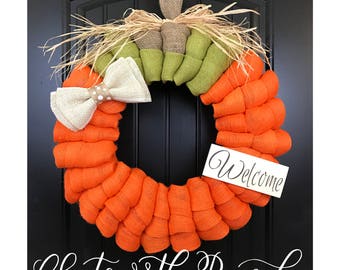 Pumpkin Burlap Wreath - Welcome Door Wreath - Rustic Country Shabby Chic Thanksgiving Fall Autumn Harvest Halloween