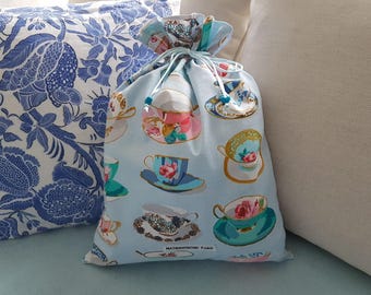 Service pouch romantic coffee on a sky blue background