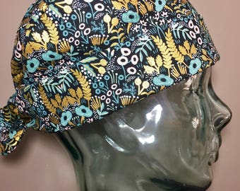 Teal, Lavender & Metallic Gold Foliage Scrub Hat, Beautiful Women's Floral Pixie Scrub Caps, Operating Room Hats, Custom Caps Company