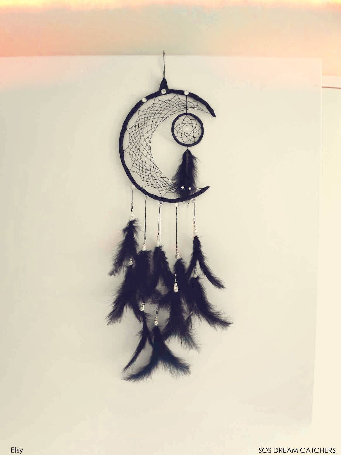 Black Crescent Moon Dream Catcher. Rhinestones & silver gem