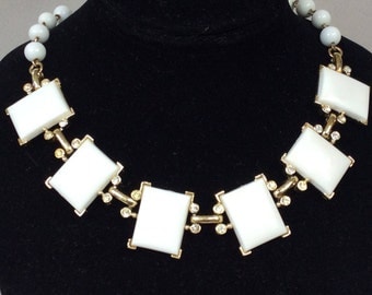 Kramer Silver Tone Milk Glass Rhinestone Link Necklace