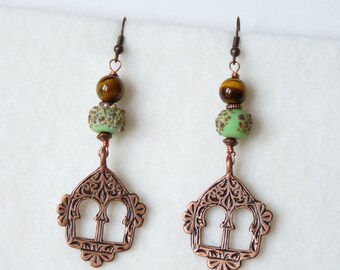 Ethnic Beaded Earrings, Oriental Earrings, Copper Earrings, Boho Chic, Bohemian, African Earrings, Moroccan Earrings, Dangle Earrings