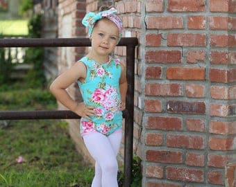 Blue Floral Leotard, Girls Leotard, Floral Bodysuit, Baby Leotard, Toddler Leo, Dance Leotard, Gymnastics Leotard