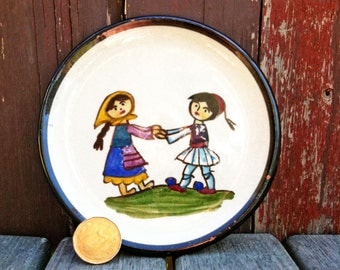Small Ceramic Hand Painted Children Spanish Wall Plate, Ceramic Plate, Vintage Wall Plate, Wall Decor, Hand Painted Plate, Mexican Red Ware