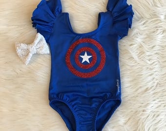 CAPTAIN AMERICA Leotard - baby / kids glitter design - Flutter / short / long sleeve / tank / sleeveless / superhero / hero