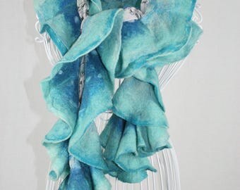 Blue Ruffle Scarf, Nuno Felt Scarf, Wool Ruffle Shawl, Silk and Wool Scarf, Turquoise Wool Scarf, Wavy ruffle scarf, Boiled wool scarf, Gift