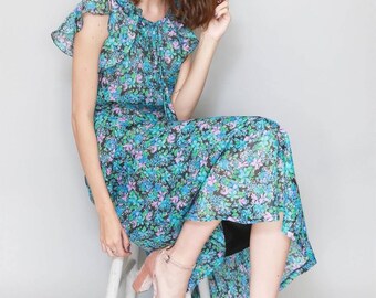 Vintage 1970's Blue Floral Print Ruffled Midi Dress