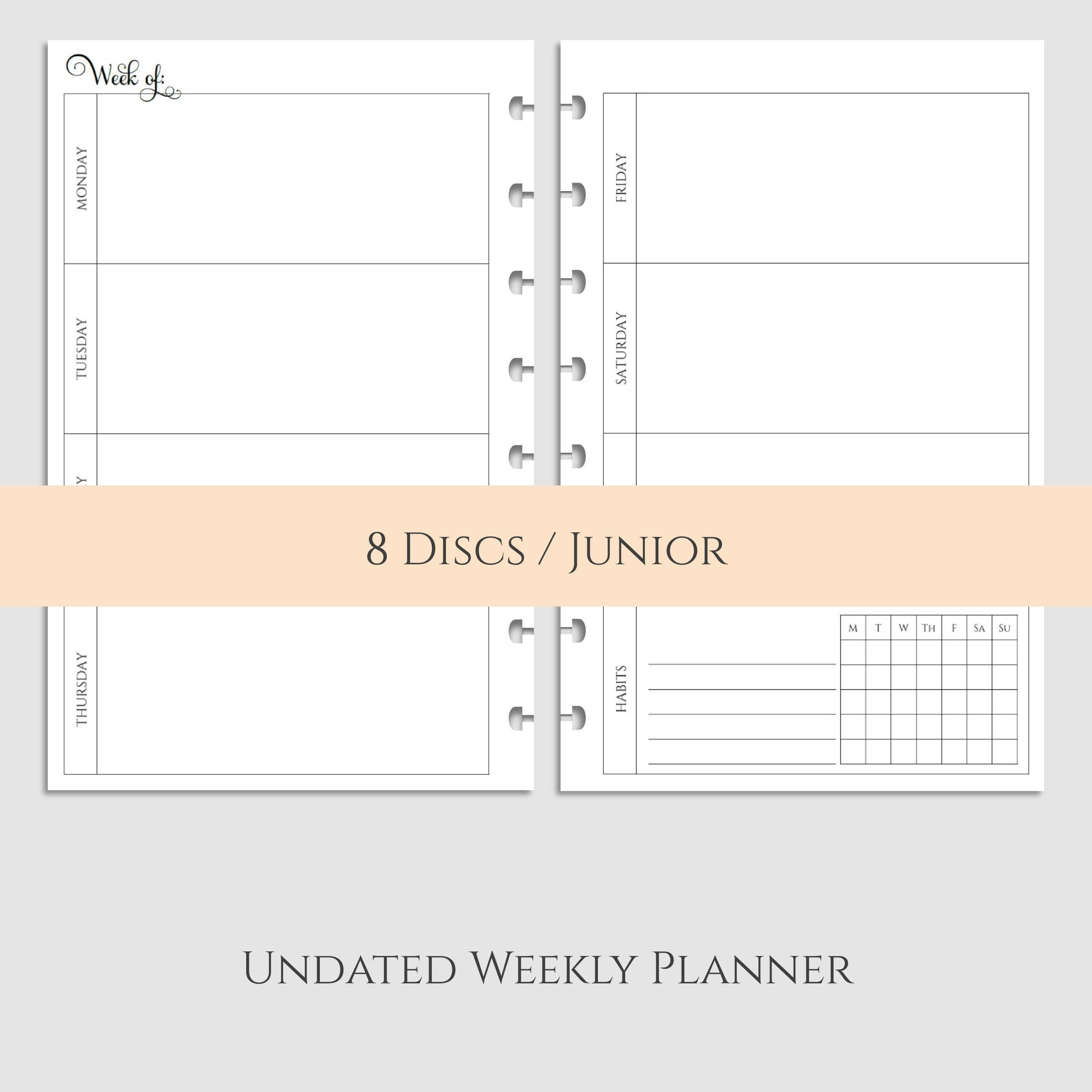 Undated Weekly Planner Inserts Horizontal Week on Two Pages