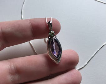 Vintage Amethyst and Peridot Marquis 925 Sterling Silver Pendant Necklace