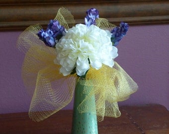 Petite floral arrangement, Blue Hops, White Mum, and gold bow arrangement