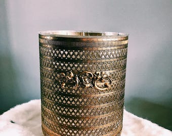 Vintage Gold Filagree Footed Waste Basket / Hollywood Regency Small Trash Can