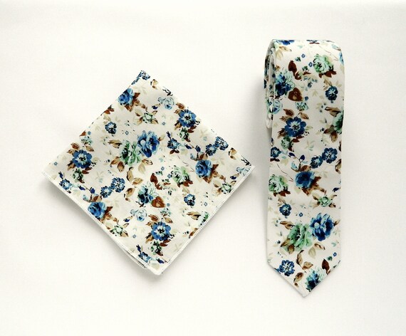 white floral tie and pocket square