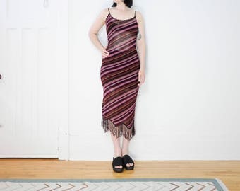 90s does 70s Knit Tank Dress with Fringe / Crochet Size S-M