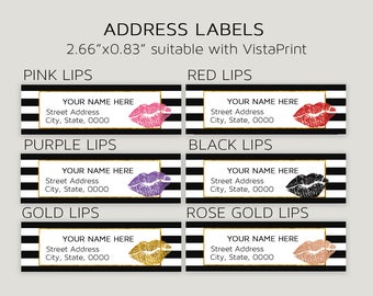Lipsense Address Labels, Lipsense Mailers Tags, Lipsense Return Labels Stickers, Black Striped, Pink, Red, Purple, Gold lips, Digital