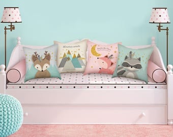 Woodland nursery throw pillow set, Set of 4 pillows for nursery, Pillow set of 4, Forest Animal pillows, Forest animal set, Cute animal gift