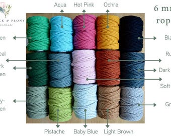 6 mm Twisted 100% cotton macrame rope - 40 meters, several colours available