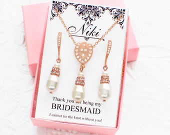 Rose gold jewelry set, bridesmaid jewelry set, rose gold bridesmaid necklace earring set, bridal wedding jewelry set, bridal necklace set