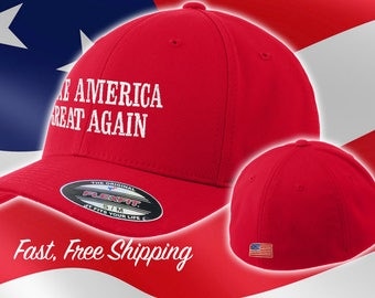 Red Make America Great Again Hat - Fitted MAGA Cap - American Flag Back Flexfit red maga Hat - Flex Fit Red Trump Hat #MAGA Free Shipping