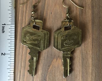 Vintage Large Brass Key Fish Hook Earrings, Skyway Luggage