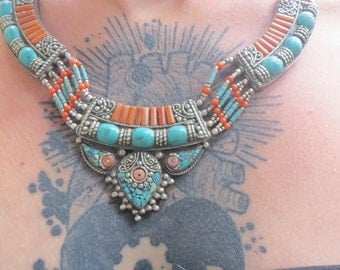 Turquoise coral alternative tribal ethnic necklace