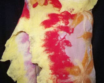 Nuno felted stoles with brooch, scarf in yellow and red scarf