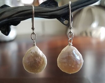 White Freshwater Coin Pearls on Sterling Silver Leverbacks