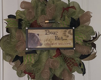 Bear wreath bear feet welcome wreath welcome wreath green wreath green brown wreath deco mesh wreath