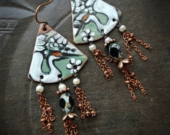Enameled Charms, Enameled Earrings, Poetic, Bohemian, Artisan Made, Cranes, Pearl, Earthy, Organic, Rustic, Beaded Earring