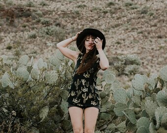 Mock Neck Muscle Tank, Golden Cactus top, American Made, Hand Printed, Muscle Tank, loose tank, racerback, by simka sol