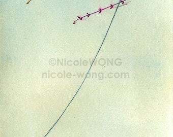 Original Artwork 4x6 Ink Drawing & Watercolor Painting -- Kite Flying