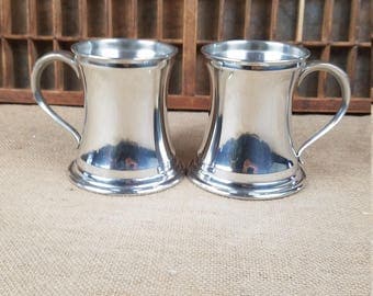 Vintage Leonard English pewter tankard mug glass bottom set of two