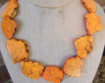 Exotic Freeform Slab Nuggets Orange Turquoise Orange Brazilian Topaz Antiqued Goldtone Clasp Necklace