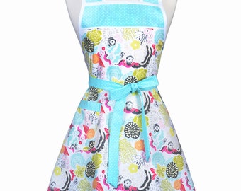 Stella 50s Style Retro Apron - Colorful Aqua Pink Modern Floral Womans Cute Vintage Kitchen Apron to Personalize or Monogram Embroidery (DP)