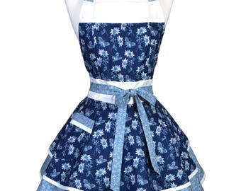 Womens Ruffled Retro Apron , Butterflies and Daises in French Blue Womans Flirty Pinup Vintage Kitchen Apron to Personalize or Monogram (DM)