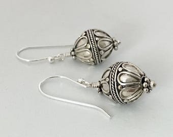 Bali Sterling Silver Bead Earrings, Large Boho Chic Handcrafted Silver Earrings, Simple Dangle Earrings, Everyday Casual Earrings