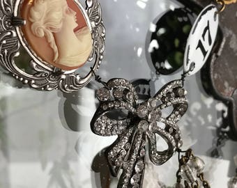 sweet 17 - vintage assemblage necklace cameo rhinestone bow glass rosary gemstone pearl asymmetrical victorian portrait, the french circus