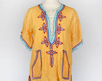 Short Sleeve Indian Top with Ornate Trim and Pockets