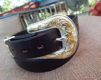 Western Leather Belt w/Gold and Silver Buckle Set