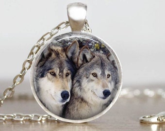 Two Wolves Glass Tile Pendant Jewelry Gray Wolf Jewelry Wolf Necklace