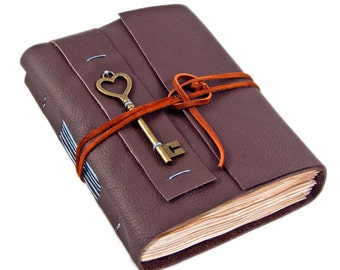 Dark Brown Leather Journal with Tea Stained Paper - Heart Key - Diary - Journal - Travel Journal - Handmade Journal - Ready to Ship