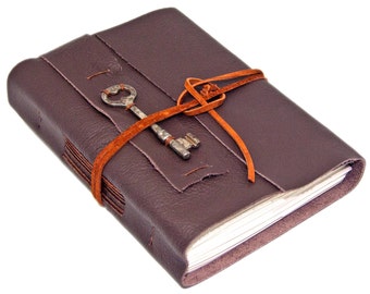 Brown Leather Journal - Skeleton Key Bookmark - Lined Paper - Travel Journal - Rustic - Wrap Journal - Art Sketchbook - Diary - Handmade