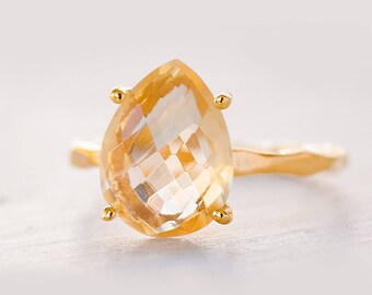 Yellow Citrine Ring Gold, November Birthstone Ring, Gemstone Ring, Stacking Ring, Tear Drop Ring, Prong Set Ring, Gift for Her, Dainty Ring