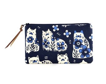 Cat Pencil Pouch - Blue Cat Pencil Case - Cat Zipper Bag - Cat lover gift for her - Accessory Bag - Notions Pouch - Padded Zip Pouch