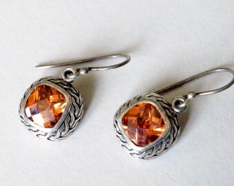 SALE Vintage Sterling Silver Orange Gemstone Modern Border Pierced Dangle Earrings